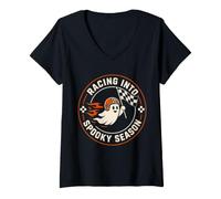 Femme Halloween Racing Ghost Spooky Season Driver T-Shirt avec Col en V