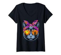 Femme Halloween Russian Blue Cat Bandana Russian Blues Maltese T-Shirt avec Col en V