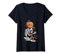 Femme Halloween Skeleton Bernese Mountain Dog Berner T-Shirt avec Col en V
