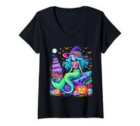 Femme Halloween Skeleton Mermaid With Witch Hat Enchantment T-Shirt avec Col en V