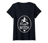 Femme Halloween Sorcière sur Balai avec étoile Cercle Cool rétro T-Shirt avec Col en V