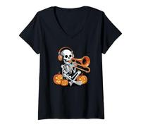Femme Halloween Squelette Trombone Tromboniste T-Shirt avec Col en V