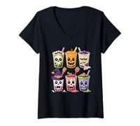 Femme Halloween Thé Au Lait Boba Perles Tapioca Squelette Sorcière T-Shirt avec Col en V