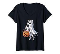Femme Halloween Zèbre Fantôme Citrouille Farce Ou Friandise T-Shirt avec Col en V