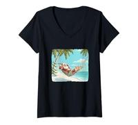 Femme Hamac de Noël Amusant pour Les Amateurs de Plage et de Père Noël T-Shirt avec Col en V