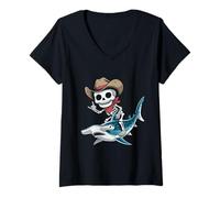 Femme Hammerhead Shark Cowboy Squelette Halloween T-Shirt avec Col en V