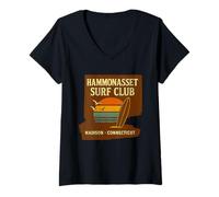 Femme Hammonasset Surf Club Maillot rétro Coucher de soleil Madison Connecticut T-Shirt avec Col en V