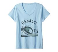 Femme Hanalei Surfing Kauai Hawaii Wave Surf Retro Surf T-Shirt avec Col en V