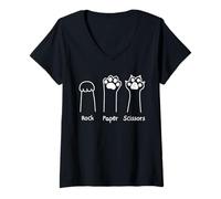 Femme Hand Game Rock Paper Scissors Cute Paw Funny Cat Men Women T-Shirt avec Col en V
