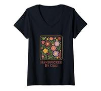 Femme Handpicked by God Floral Folk Art Garden Christian T-Shirt avec Col en V