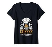 Femme Hands Up Coffee, premier officier de police, département de police T-Shirt avec Col en V