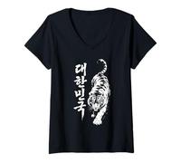 Femme Hangul coréen Minimaliste « République de Corée » et Tigre T-Shirt avec Col en V