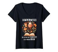 Femme Happiness Cup of Coffee and a Good Book Brown Fall Reading T-Shirt avec Col en V