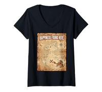 Femme Happiness Found Here Vintage Pirate Map Crab T-Shirt avec Col en V