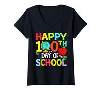 Femme Happy 100th Day of Kindergarten Teacher Boys Girls 100 Days T-Shirt avec Col en V