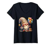 Femme Happy Birthday GNOME for Women Girls Boys Colorful Balloons T-Shirt avec Col en V