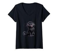 Femme Happy Black Cat Music Vibes T-Shirt avec Col en V