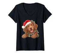 Femme Happy Brown Bonnet de Père Noël pour Chien T-Shirt avec Col en V