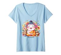 Femme Happy Buddha Yoga Namaste avec thé et Fleurs T-Shirt avec Col en V