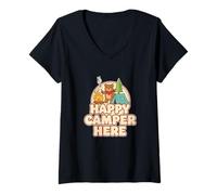 Femme Happy Camping Bear Tente de Camping Guimauve drôle rétro T-Shirt avec Col en V