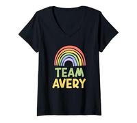 Femme Happy Colorful Team Avery Rainbow Pride Green Yellow T-Shirt avec Col en V