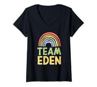 Femme Happy Colorful Team Eden Rainbow Pride Green Yellow T-Shirt avec Col en V