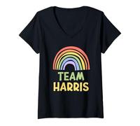 Femme Happy Colorful Team Harris Rainbow Pride Green Yellow T-Shirt avec Col en V