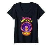 Femme Happy Diwali Deepavali pour l'hindouisme Indien Dipavali T-Shirt avec Col en V