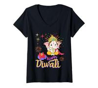 Femme Happy Diwali Festival Tenue Idée pour Enfants et Diwali Hindou T-Shirt avec Col en V
