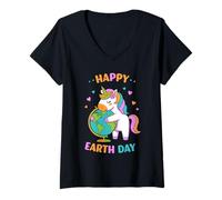 Femme Happy Earth Day Licorne étreignant la planète T-Shirt avec Col en V