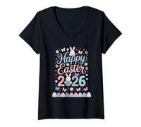 Femme Happy Easter 2026 Œufs de Lapin et Papillons Délice T-Shirt avec Col en V