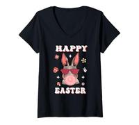 Femme Happy Easter Cute Bunny Face with Bubble Gum Glasses T-Shirt avec Col en V