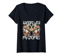 Femme Happy Easter Graphic for Women and Kids Floral Spring Gnomes T-Shirt avec Col en V