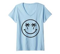 Femme Happy Face Palmier Tropical Summer Beach Holiday T-Shirt avec Col en V