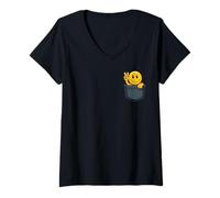 Femme Happy Face Panneau Peace Peeking from Pocket Style rétro drôle T-Shirt avec Col en V