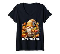 Femme Happy Fall Yall Cozy Autumn Stuff with Fall Pumpkin GNOME T-Shirt avec Col en V