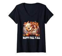 Femme Happy Fall Yall Decor for Labrador Lover Cozy Autumn Vibes T-Shirt avec Col en V