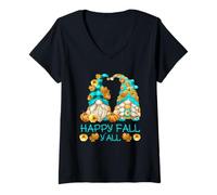 Femme Happy Fall Yall Gnomies with Pumpkin for Autumn Fall GNOME T-Shirt avec Col en V
