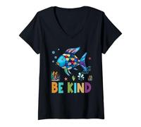Femme Happy First Day of School Fish Rainbow Teacher Be Kind T-Shirt avec Col en V