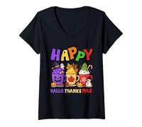 Femme Happy HalloThanksMas Halloween Thanksgiving Christmas Coffee T-Shirt avec Col en V