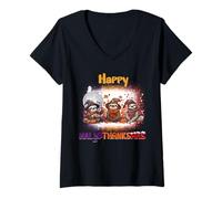 Femme Happy HalloThanksMas Sloth Spooky Thankful Merry X-mas T-Shirt avec Col en V