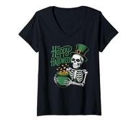 Femme Happy Halloween Crâne Irlandais Leprechaun Squelette Irlande T-Shirt avec Col en V
