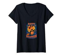 Femme Happy Halloween Sorcière Pinup Balai d'équitation avec Chat Noir T-Shirt avec Col en V