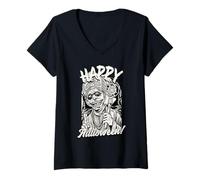 Femme Happy Halloween Zombie Priest Horreur Rétro T-Shirt avec Col en V