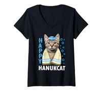Femme Happy Hanukcat Funny Cute Cat with Kippa Jewish Hanukkah T-Shirt avec Col en V