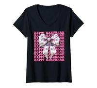 Femme Happy Hanukkah Menorah Girl Coquette Noeud Rose T-Shirt avec Col en V