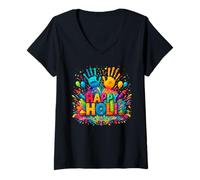 Femme Happy Holi Festival Indien Printemps Couleurs Famille Hommes Femmes T-Shirt avec Col en V