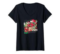 Femme Happy Holidays Vintage Toy Nostalgie Collage T-Shirt avec Col en V