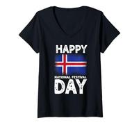 Femme Happy National Festival Day Islande Independence Day T-Shirt avec Col en V