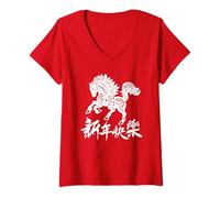 Femme Happy New Year 2026 Cheval de Calligraphie Année du Cheval de feu T-Shirt avec Col en V